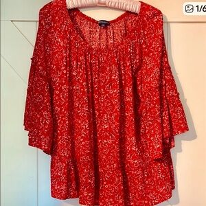 Democracy Red and White Ruffled Bell Sleeve Blouse Size L